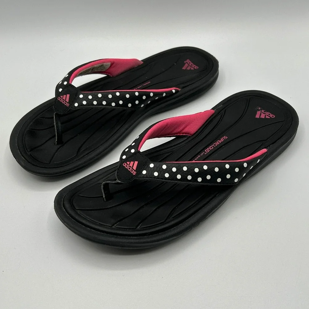Adidas Supercloud Girls Size 2 Black Pink Polka Dot Flip Flop Sandals Beach Pool